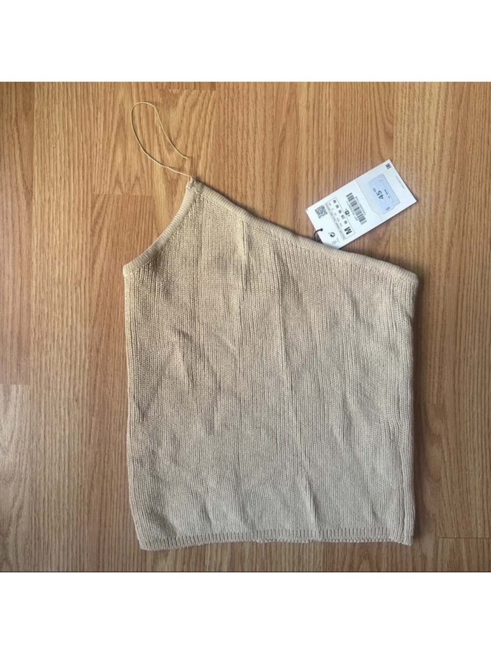 Zara Asymmetric One-Shoulder Ribbed Camisole in Beige - Picture 2 of 5